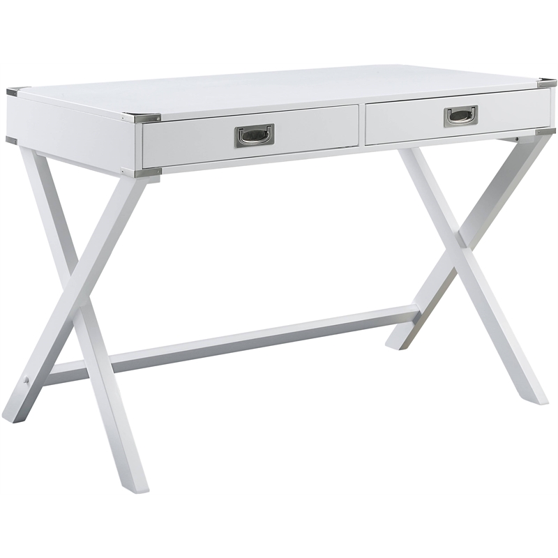Pemberly Row Wood Rectangular 2-Drawer Writing Desk with X-Shaped Base in White