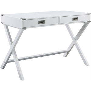 Pemberly Row Wood Rectangular 2-Drawer Writing Desk with X-Shaped Base in White