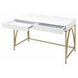 Pemberly Row Lightmane Wooden Top Writing Desk in White High Gloss and Gold