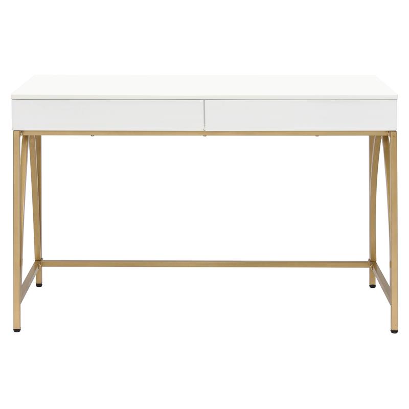 Pemberly Row Lightmane Wooden Top Writing Desk in White High Gloss and Gold