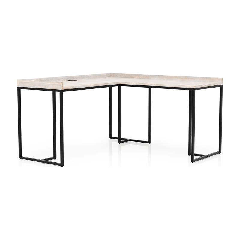 Pemberly Row Wood Corner Computer Desk with USB in Antique White/Black