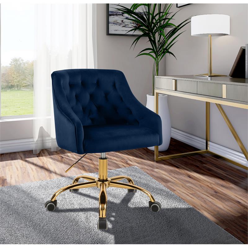 Pemberly Row Velvet Swivel Adjustable Office Chair in Soft Navy/Rich Gold