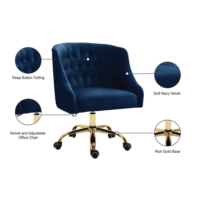 Pemberly Row Velvet Swivel Adjustable Office Chair in Soft Navy/Rich Gold