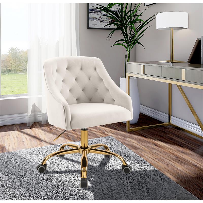 Pemberly Row Contemporary Velvet Swivel Adjustable Office Chair in Cream