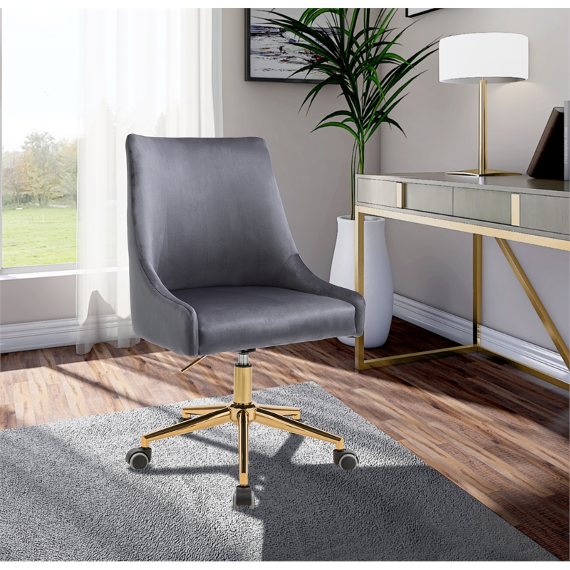 Pemberly Row Velvet Swivel Adjustable Office Chair in Soft Gray//Rich Gold