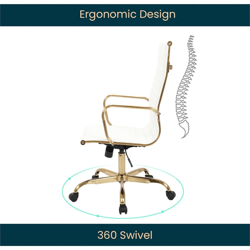 Pemberly Row High-Back Faux Leather Office Chair With Gold Frame in White
