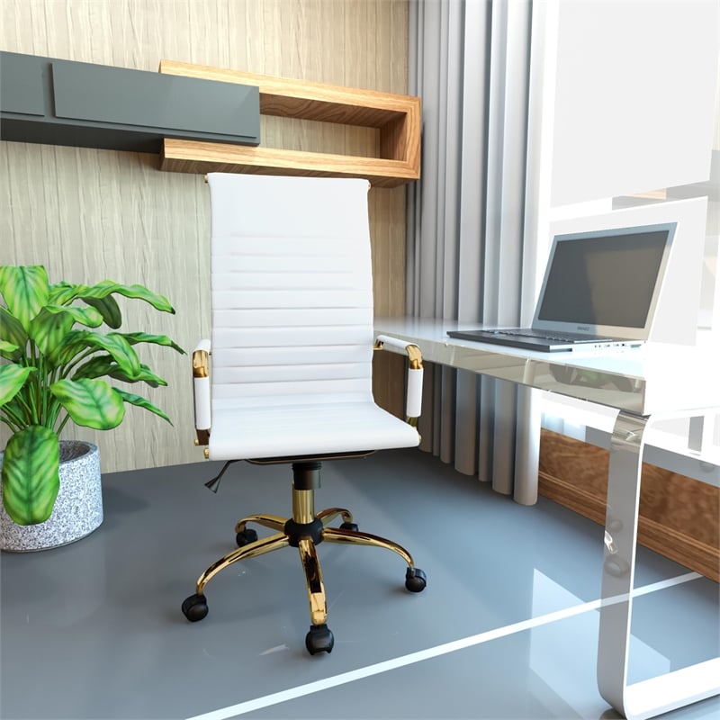 Pemberly Row High-Back Faux Leather Office Chair With Gold Frame in White