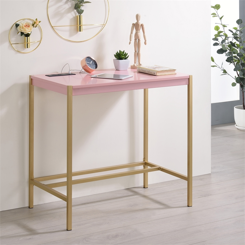 Pemberly Row Contemporary Wood Writing Desk with USB Port in Pink
