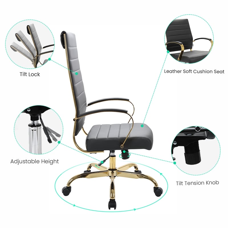 Pemberly Row High-Back Leather Office Chair With Gold Frame in Black