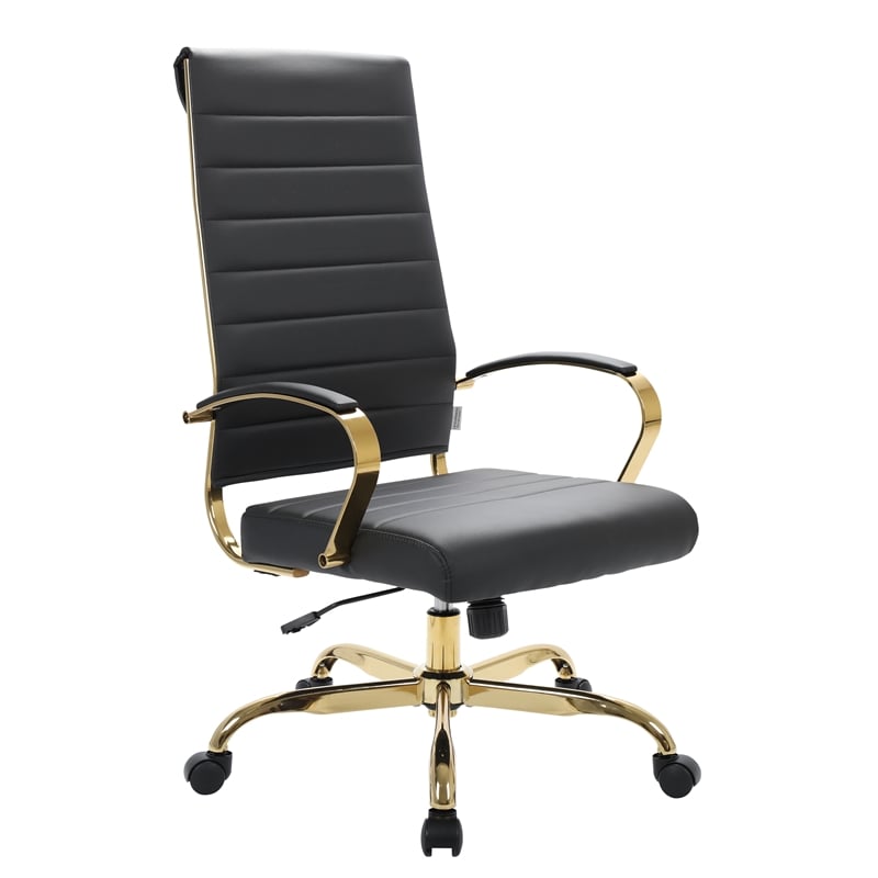 Pemberly Row High-Back Leather Office Chair With Gold Frame in Black