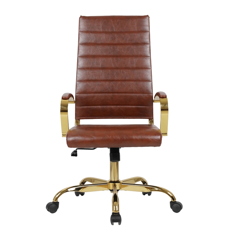 Pemberly Row High-Back Leather Office Chair With Gold Frame in Brown