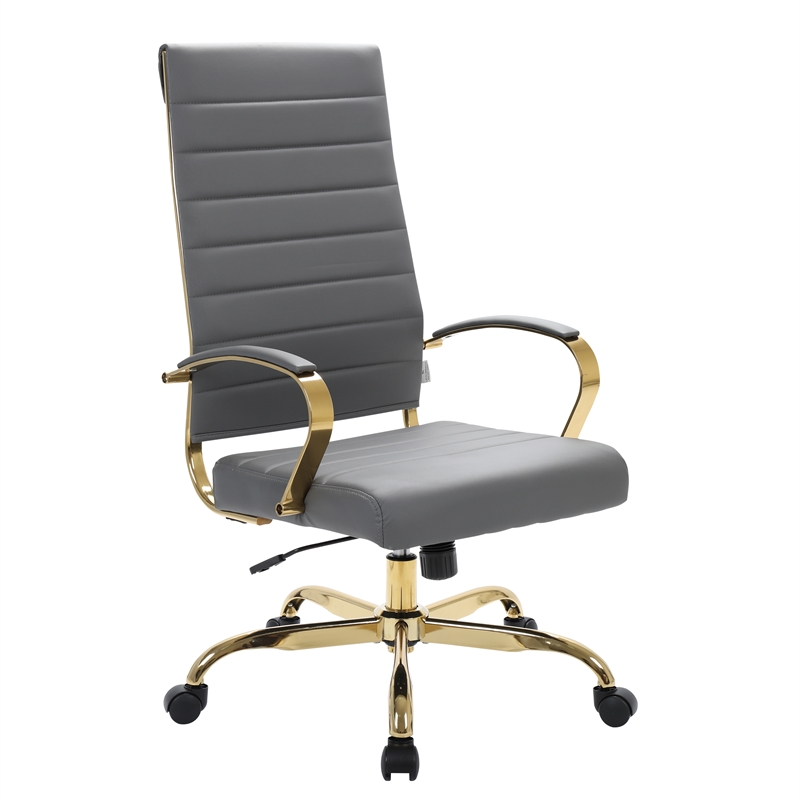 Pemberly Row High-Back Leather Office Chair With Gold Frame in Gray