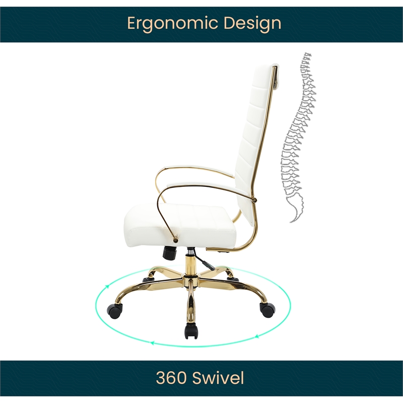 Pemberly Row High-Back Leather Office Chair With Gold Frame in White
