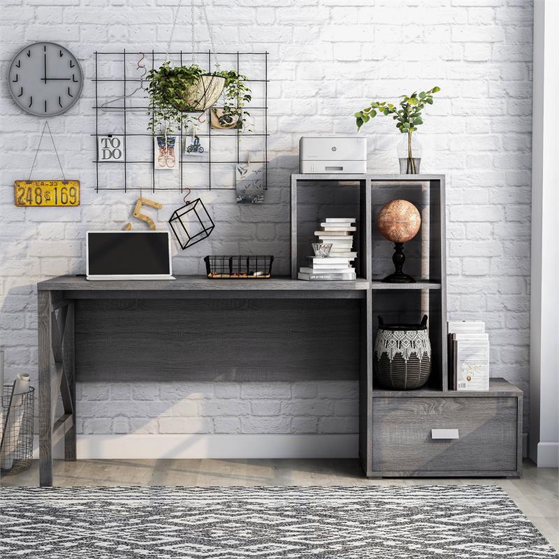 Pemberly Row Contemporary Wood Multi-Storage Desk in Distressed Gray