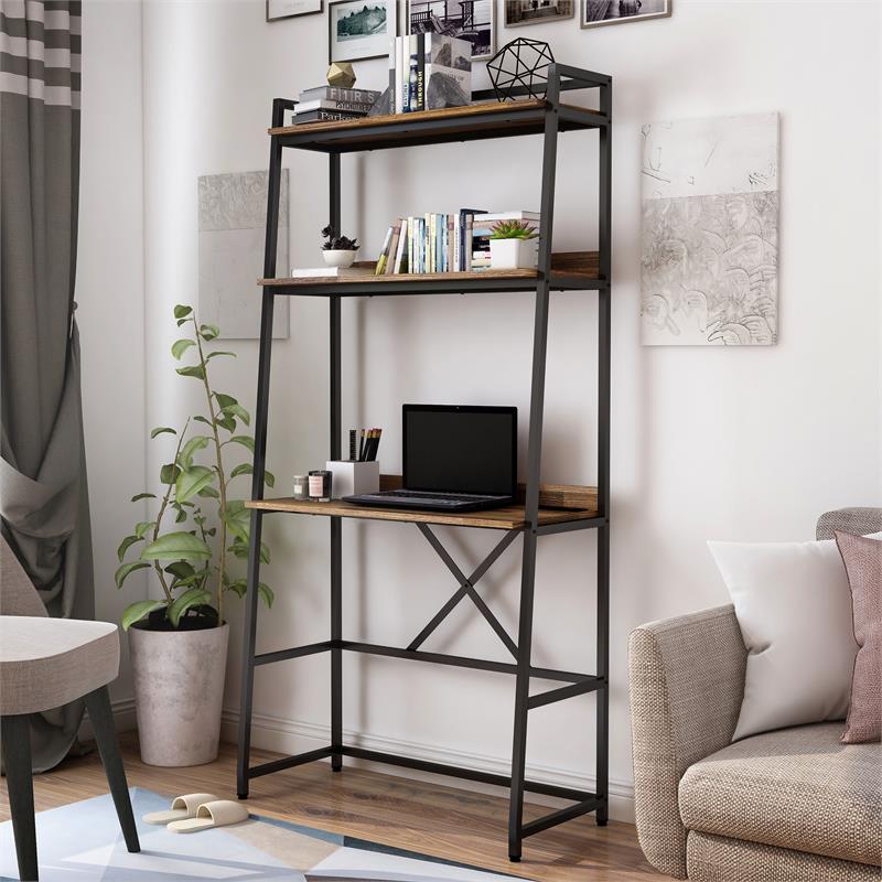 Pemberly Row Transitional Metal Writing Desk with USB in Brown