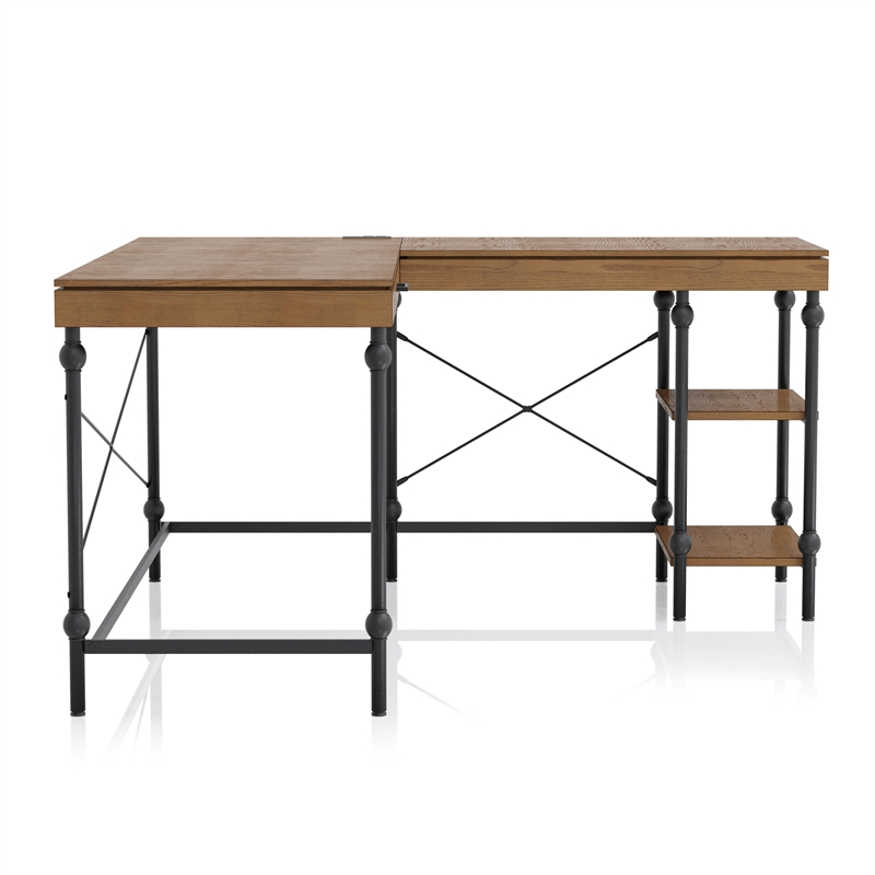 Pemberly Row Contemporary L-shaped Wooden Desk in Brown Oak Finish