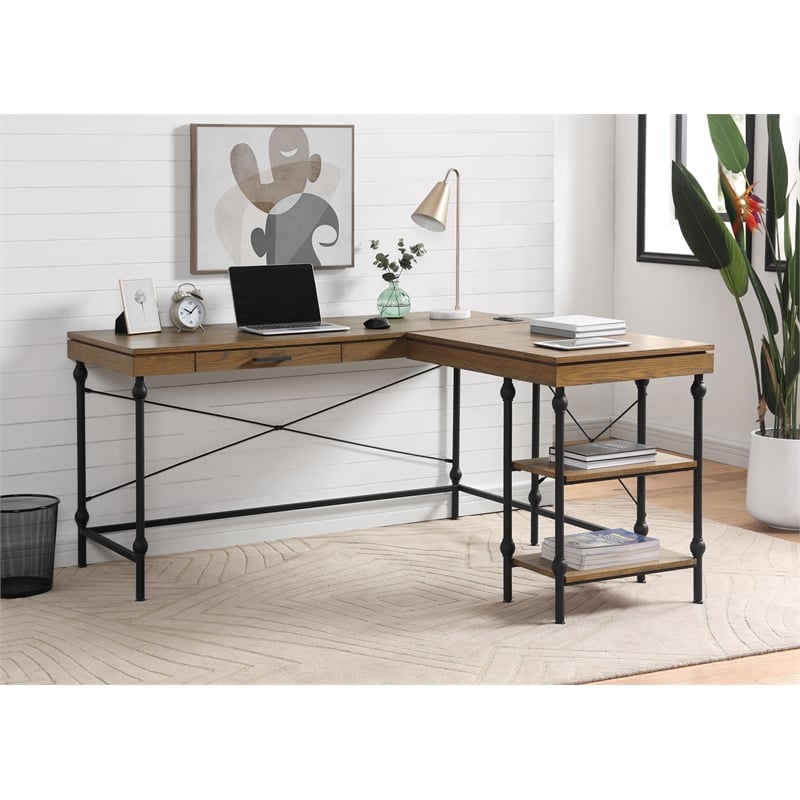 Pemberly Row Contemporary L-shaped Wooden Desk in Brown Oak Finish