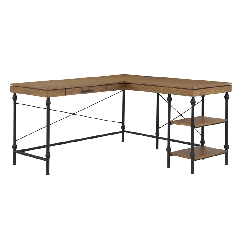 Pemberly Row Contemporary L-shaped Wooden Desk in Brown Oak Finish