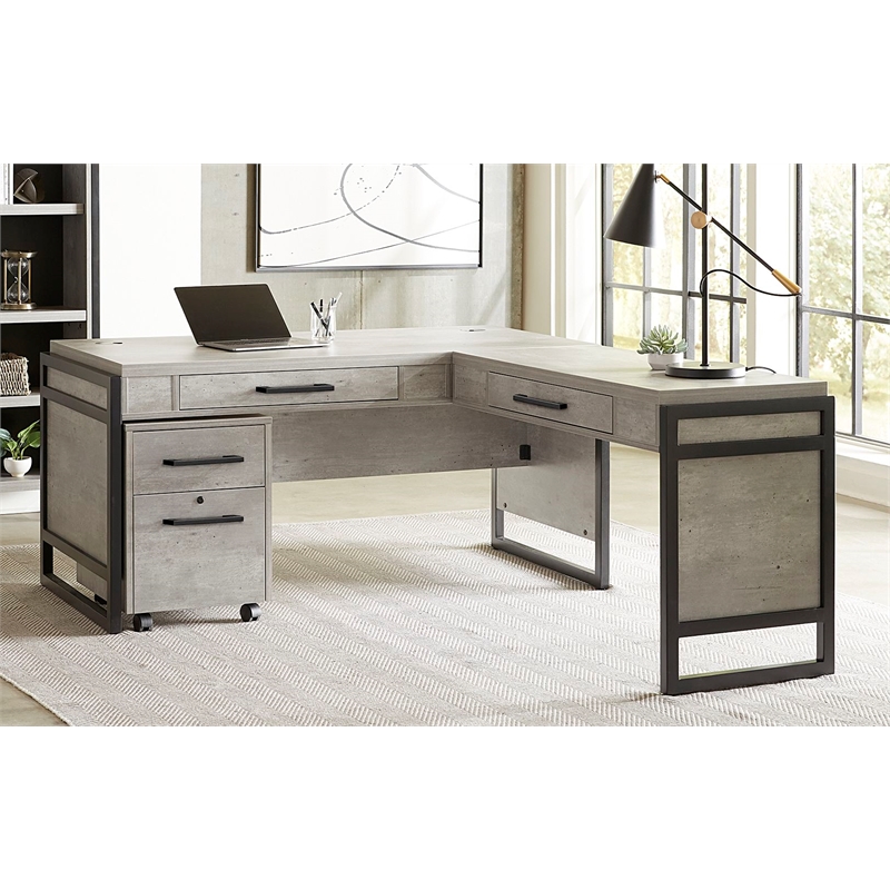 Pemberly Row Wood Laminate Open L-Desk and Return Corner Desk in Concrete Gray