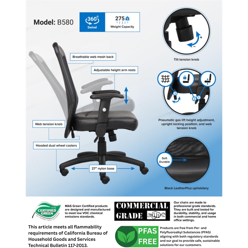 Pemberly Row Ventilation Web Mesh Back Task Office Chair in Black