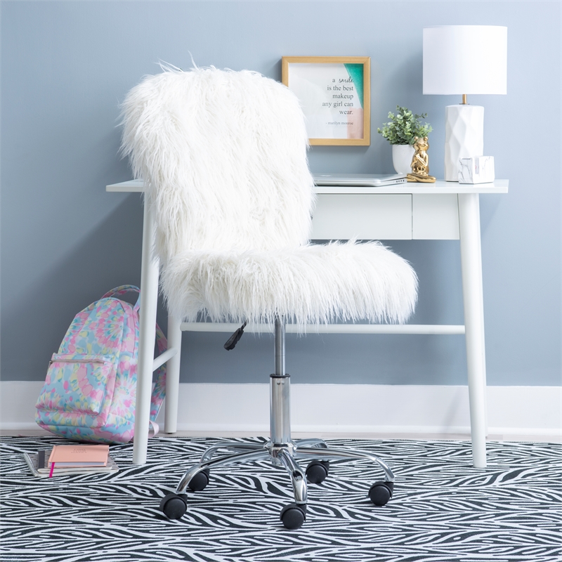 Pemberly Row Faux Fur Upholstered Armless Office Task Chair in Cream White