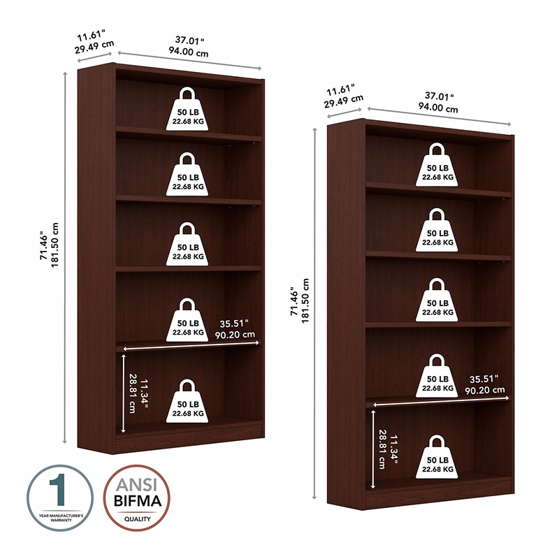 Pemberly Row Universal 5 Shelf Bookcase in Vogue Cherry (Set of 2)