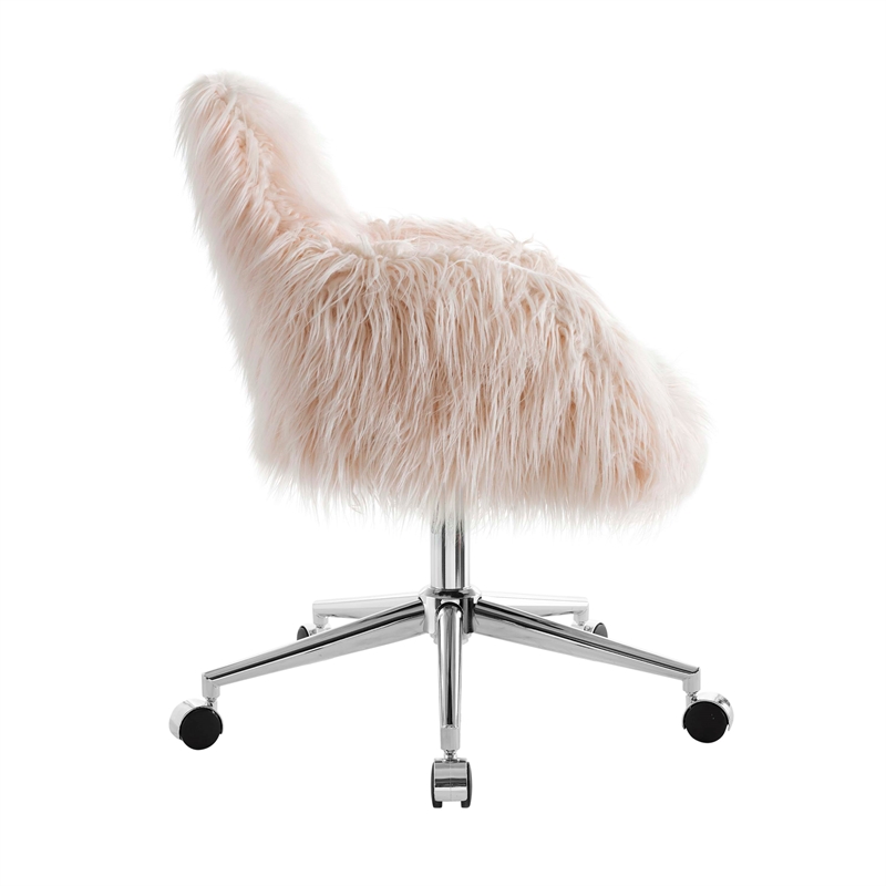 Pemberly Row Contemporary Faux Fur Swivel Office Chair in Pink