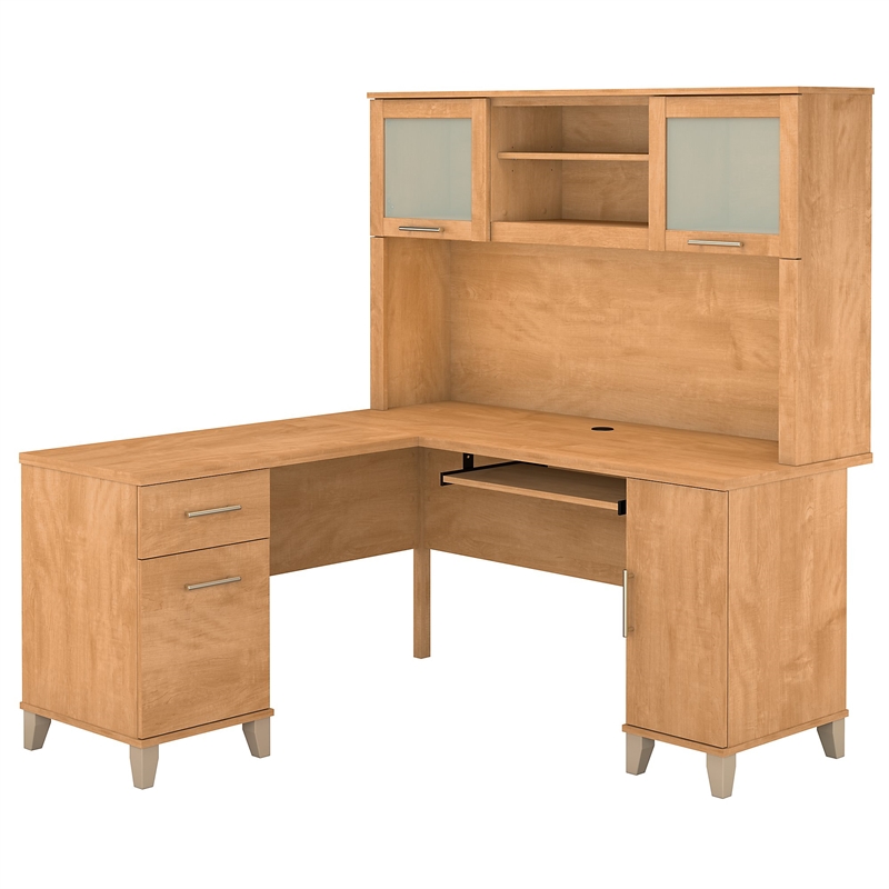 Pemberly Row Contemporary 60W L Shaped Desk with Hutch in Maple Cross