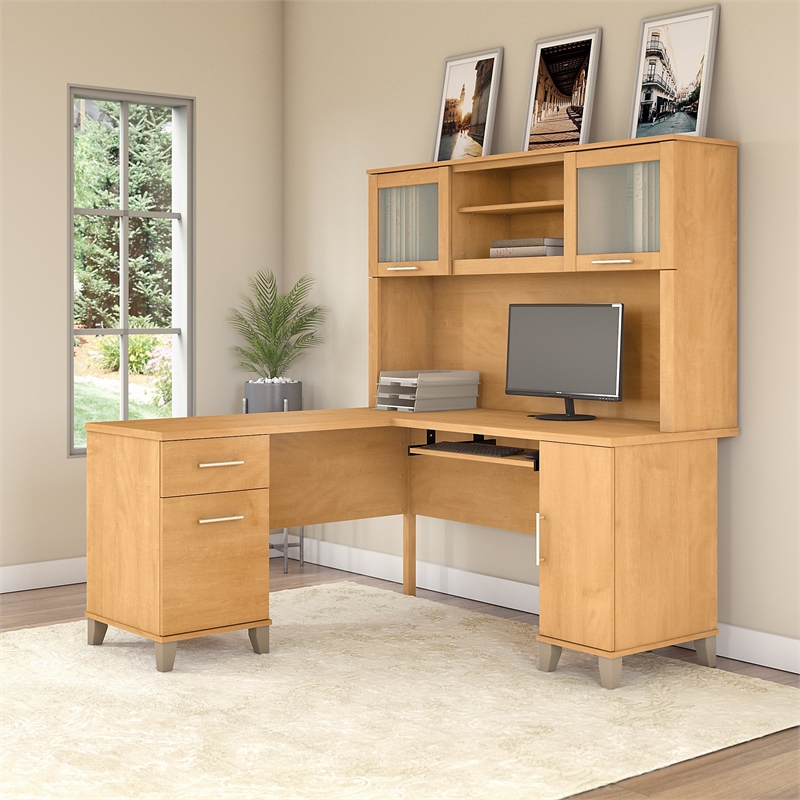 Pemberly Row Contemporary 60W L Shaped Desk with Hutch in Maple Cross