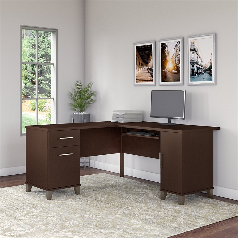 Pemberly Row Contemporary 60W L Desk in Mocha Cherry - Engineered Wood
