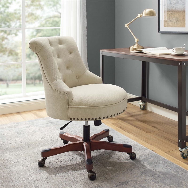 Pemberly Row Wood Upholstered Adjustable Office Chair in Beige