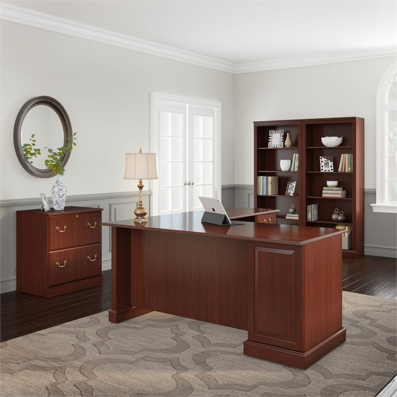 Pemberly Row L Shaped Desk 4 Pc. Set in Harvest Cherry - Engineered Wood