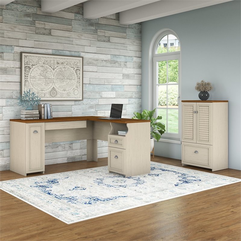 Pemberly Row L Desk with Storage File Cabinet in Antique White - Engineered Wood