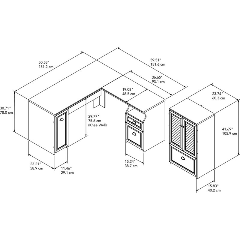 Pemberly Row L Desk with Storage File Cabinet in Antique White - Engineered Wood