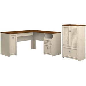 Pemberly Row L Desk with Storage File Cabinet in Antique White - Engineered Wood