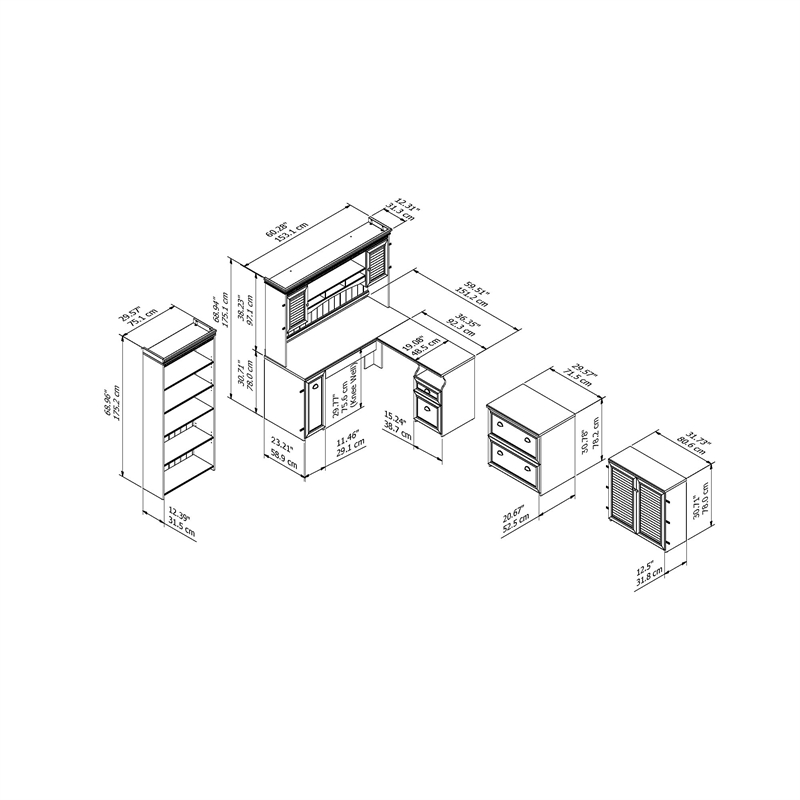 Pemberly Row Engineered Wood L Desk 5 Pc Office Set w/ Storage in Antique Black