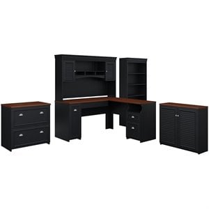Pemberly Row Engineered Wood L Desk 5 Pc Office Set w/ Storage in Antique Black