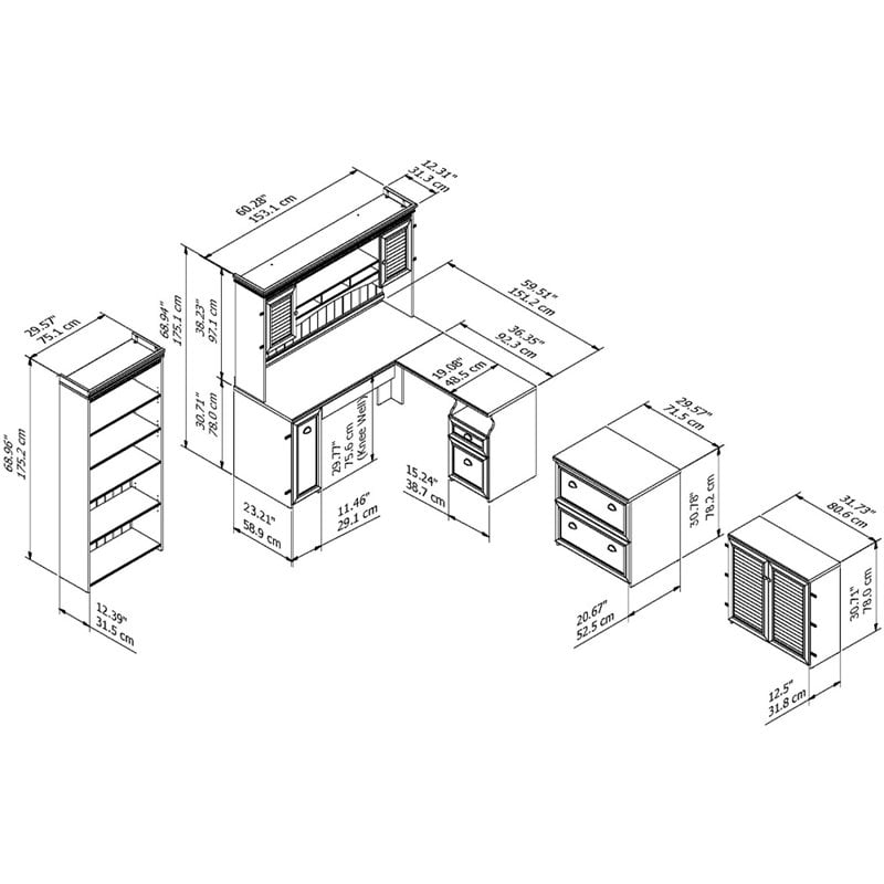 Pemberly Row Engineered Wood L Desk 5 Pc Office Set w/ Storage in Antique White