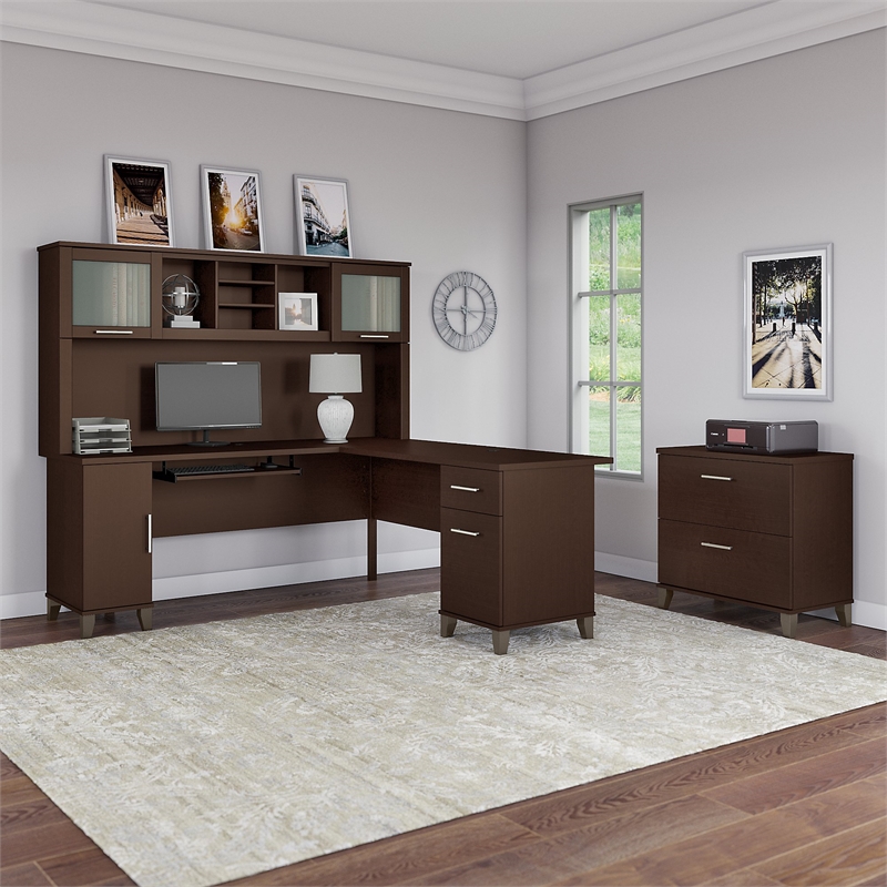 Pemberly Row 72W L Shaped Desk with Hutch and File Cabinet in Mocha Cherry