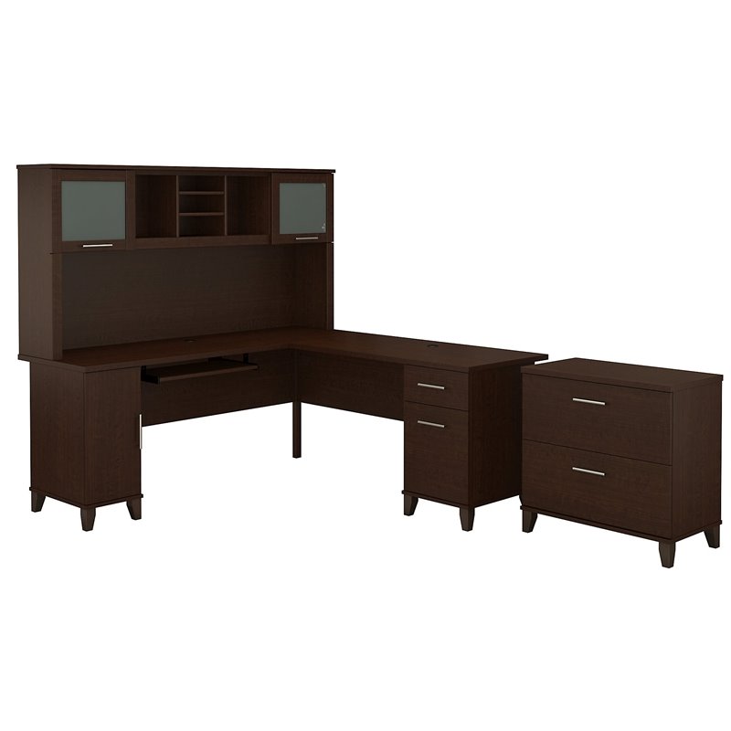 Pemberly Row 72W L Shaped Desk with Hutch and File Cabinet in Mocha Cherry