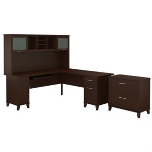 Pemberly Row 72W L Shaped Desk with Hutch and File Cabinet in Mocha Cherry