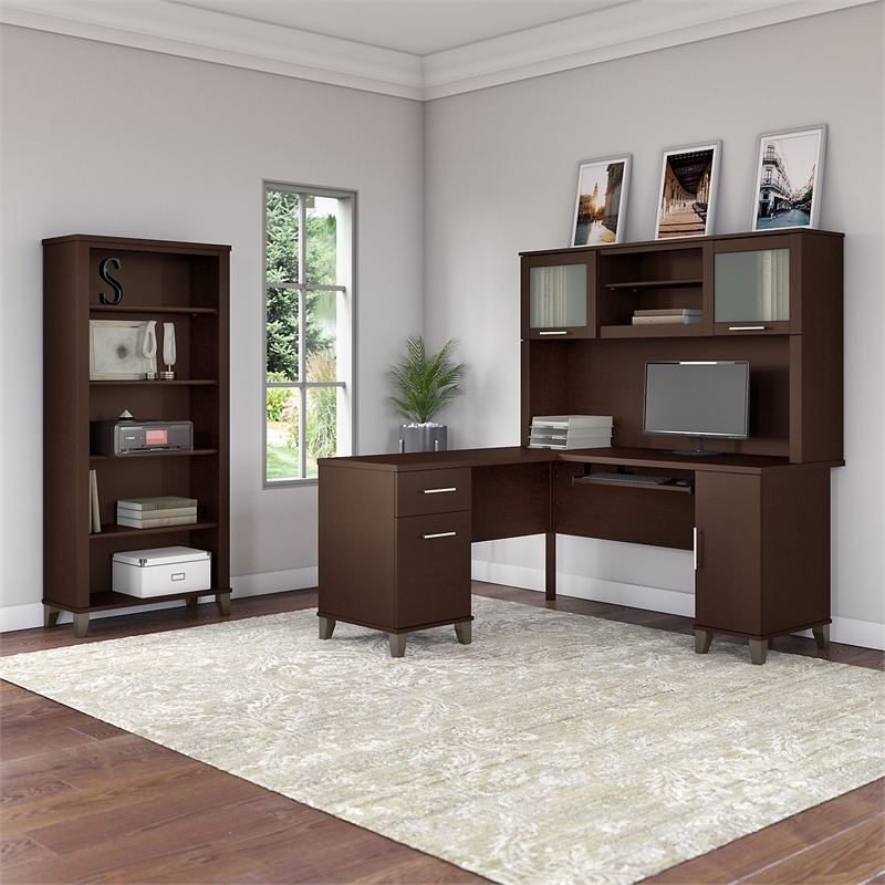 Pemberly Row 60W L Shaped Desk with Hutch and Bookcase in Cherry