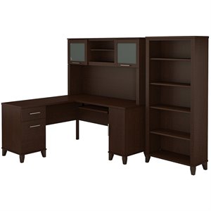 Pemberly Row 60W L Shaped Desk with Hutch and Bookcase in Cherry