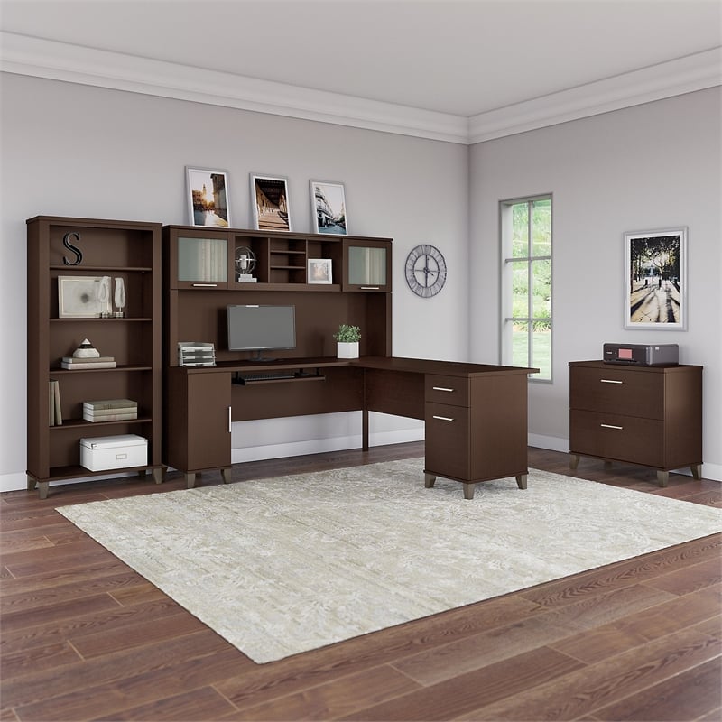 Pemberly Row Contemporary 72W L Shaped Desk Office Suite in Mocha Cherry