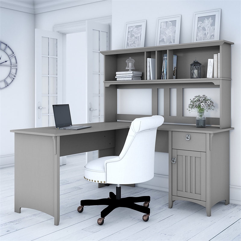 Pemberly Row Contemporary 60W L Shaped Desk with Hutch in Cape Cod Gray