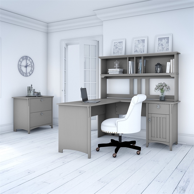 Pemberly Row 60W L Shaped Desk with Hutch and File Cabinet in Cape Cod Gray