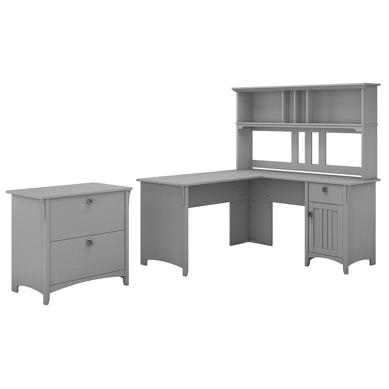 Pemberly Row 60W L Shaped Desk with Hutch and File Cabinet in Cape Cod Gray