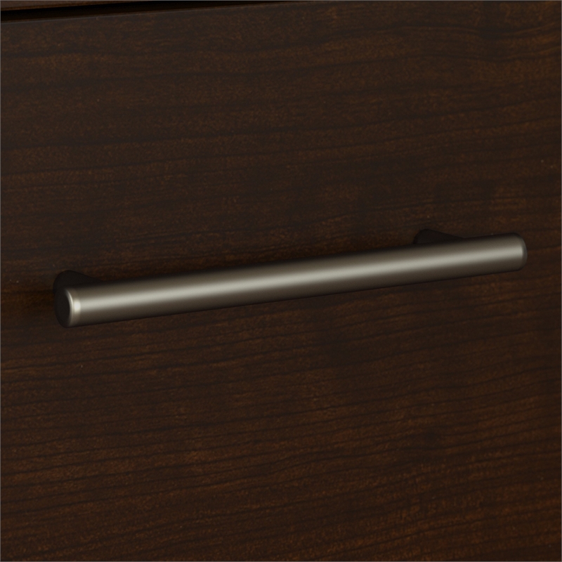 Pemberly Row Sit to Stand L Desk with Hutch and Cabinet in Cherry