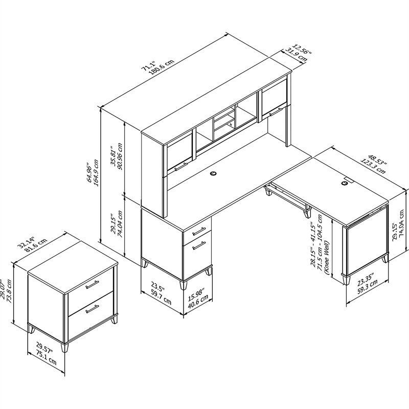 Pemberly Row Sit to Stand L Desk with Hutch and Cabinet in Cherry