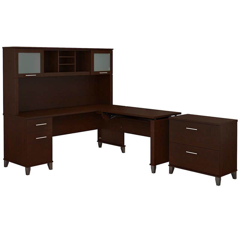 Pemberly Row Sit to Stand L Desk with Hutch and Cabinet in Cherry